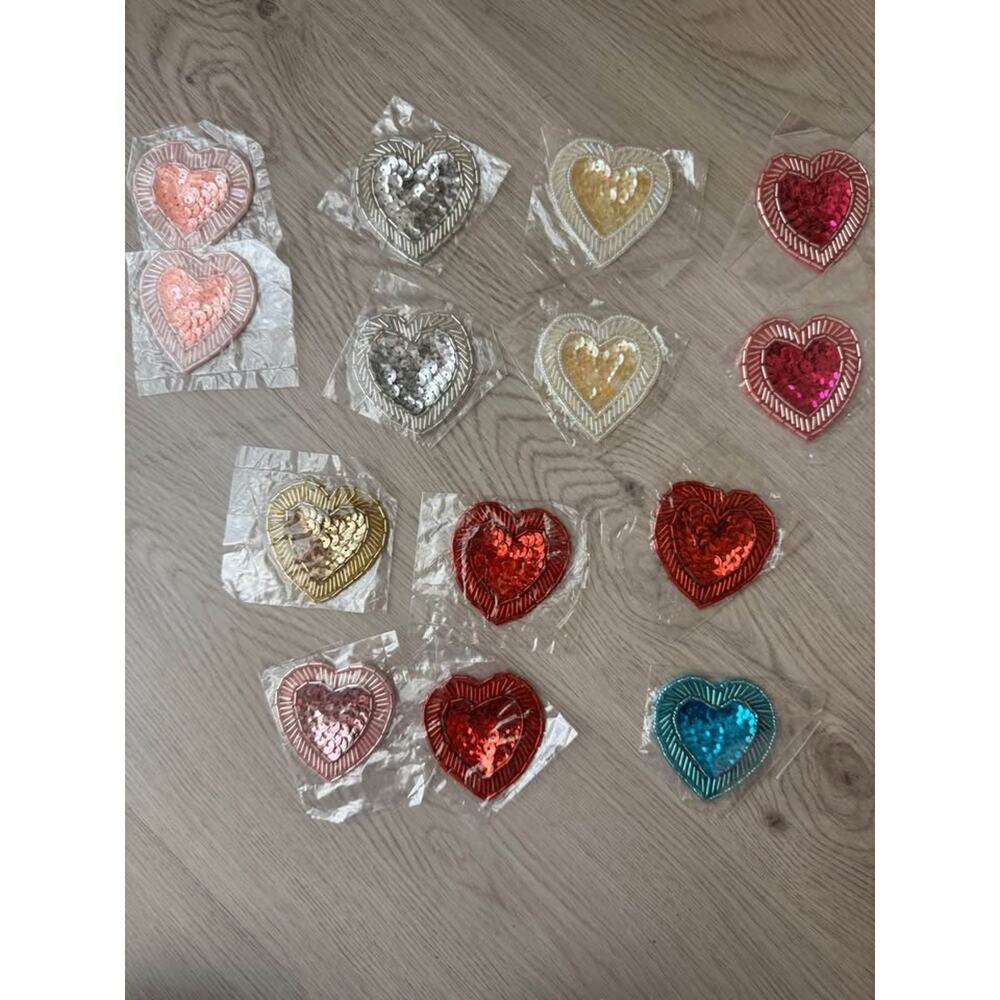 New Sequin Beaded Heart Appliqué Patch 2.125” - Lot of 14